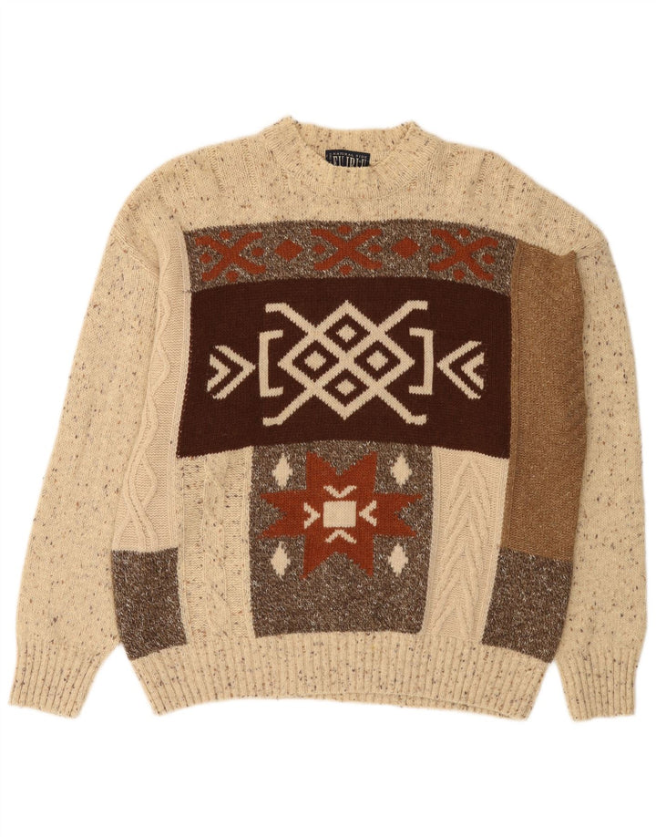 Baroni Herren-Pullover mit Rundhalsausschnitt, IT 52, große beige Fair-Isle-Wolle