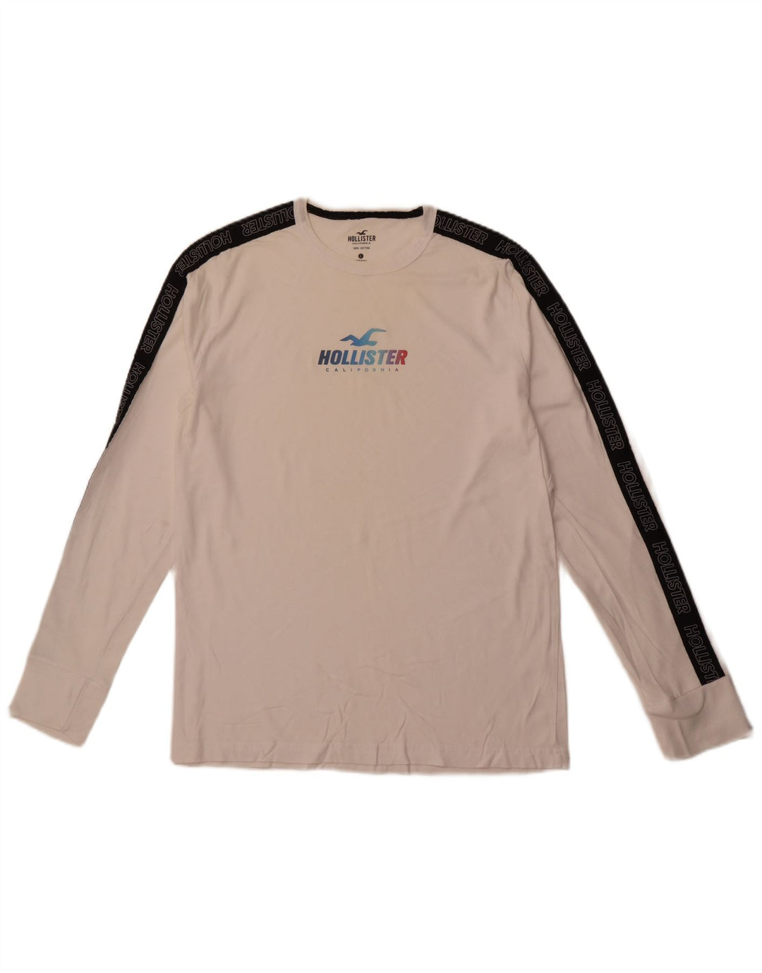 HOLLISTER Herren-Grafikoberteil mit langen Ärmeln, groß, weiße Colourblock-Baumwolle