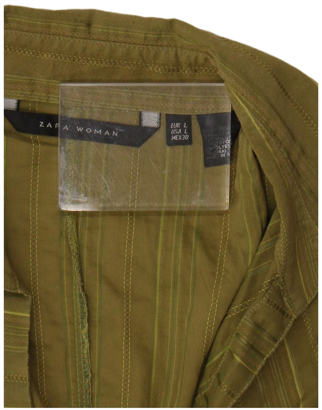 ZARA Damen Kurzarm-Pullover-Hemd UK 14 Große Khaki-gestreifte Baumwolle