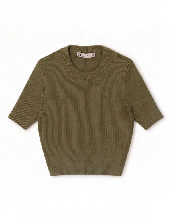 Zara Damen Crop Short Sleeve Crew Neck Pullover Pullover UK 8 Small Khaki