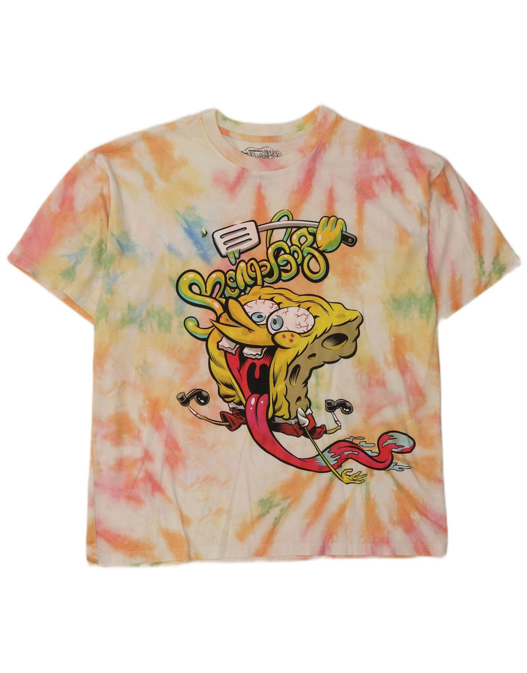 Pull & Bear Herren-T-Shirt mit SpongeBob-Grafik, groß, mehrfarbig, Batikfärbung