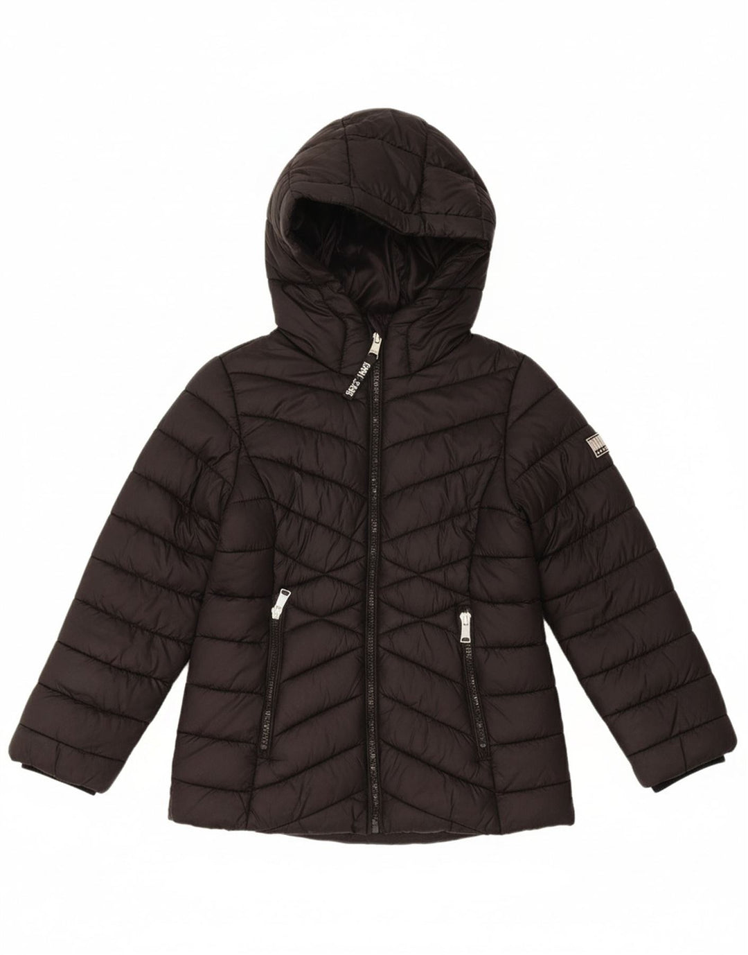 DKNY Girls Hooded Padded Jacket 7-8 Years Small Black Nylon