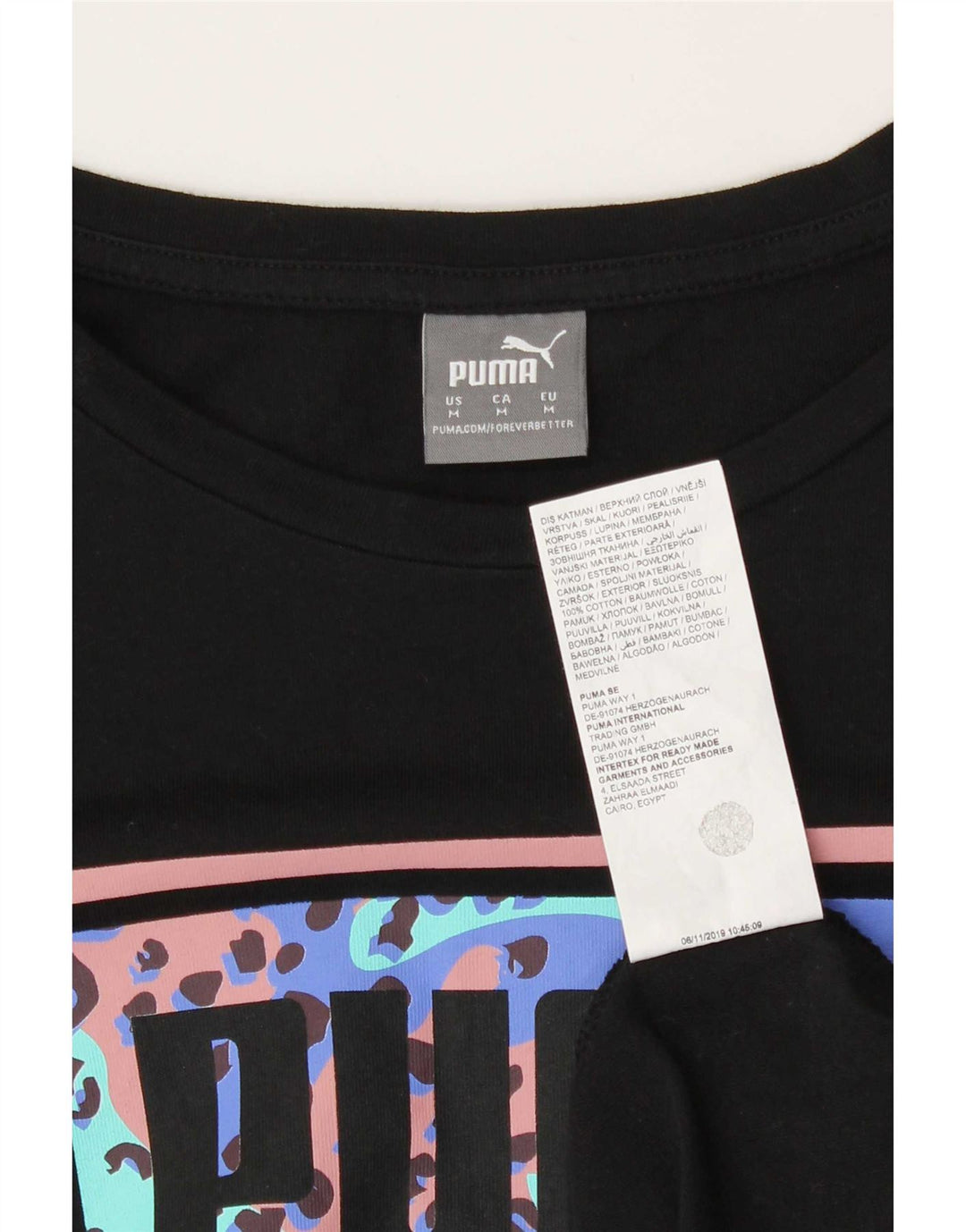 Puma Damen Grafik T-Shirt Top UK 12 Medium Schwarz Baumwolle