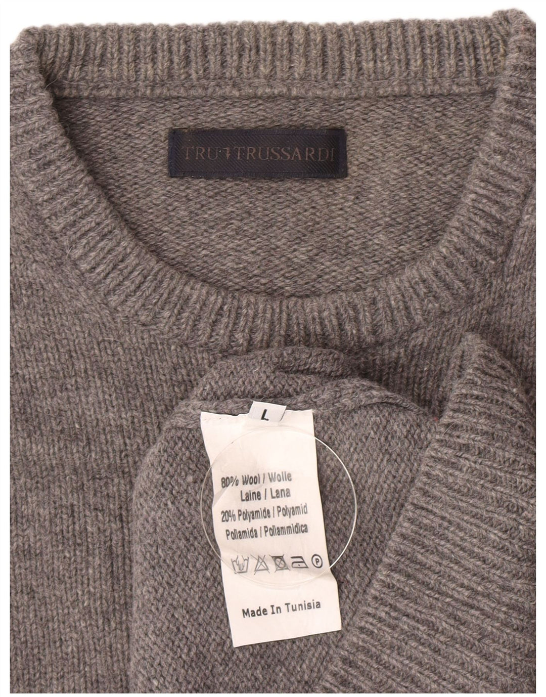 Trussardi Damen-Pullover mit Rundhalsausschnitt, Gr. 40, Größe L, graue Wolle
