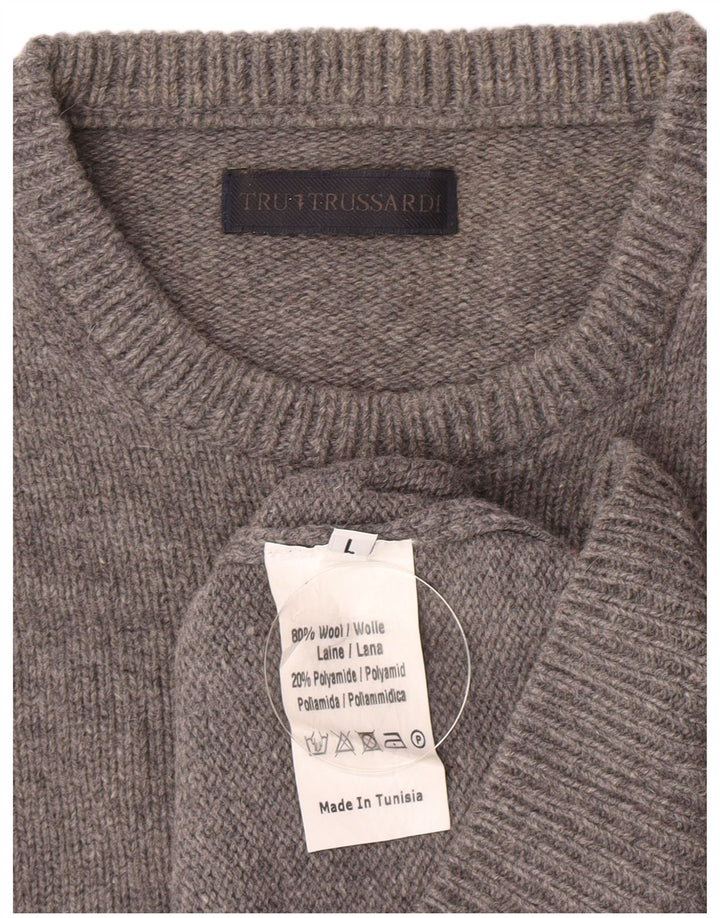 Trussardi Damen-Pullover mit Rundhalsausschnitt, Gr. 40, Größe L, graue Wolle