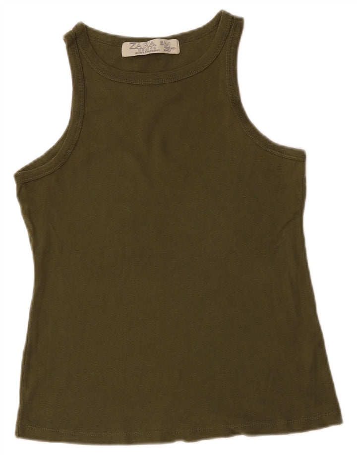 ZARA Damen Weste Top UK 12 Medium Khaki Baumwolle