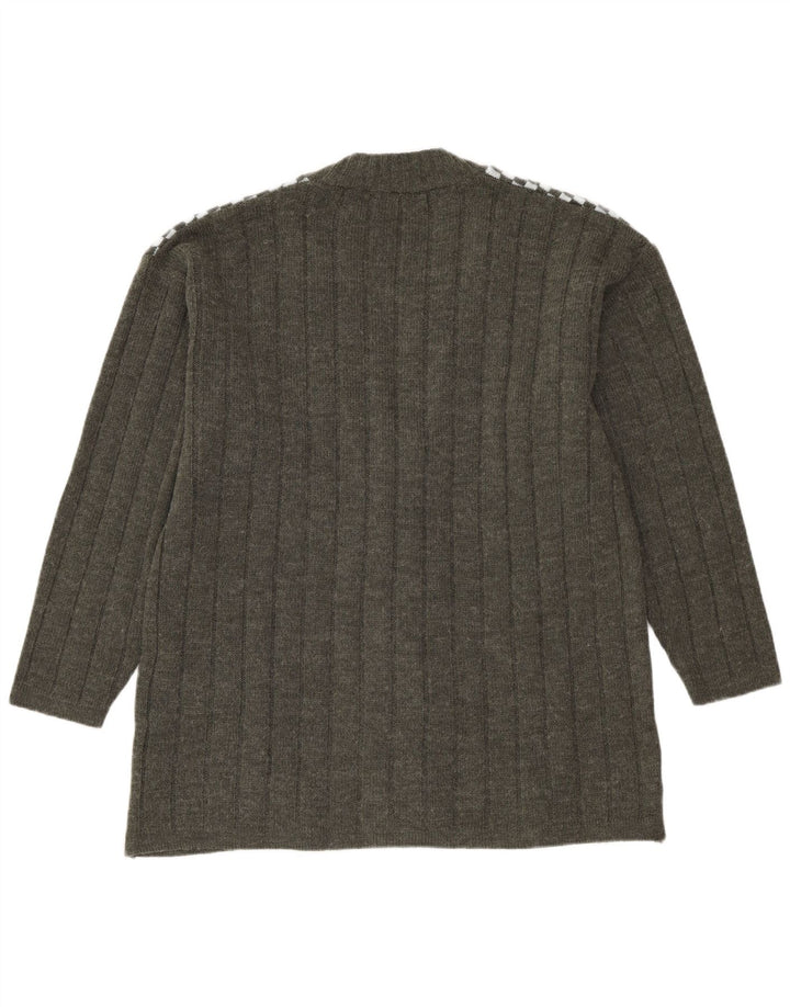 VINTAGE Damen Cardigan Pullover UK 14 Large Khaki Geometrisch Acryl