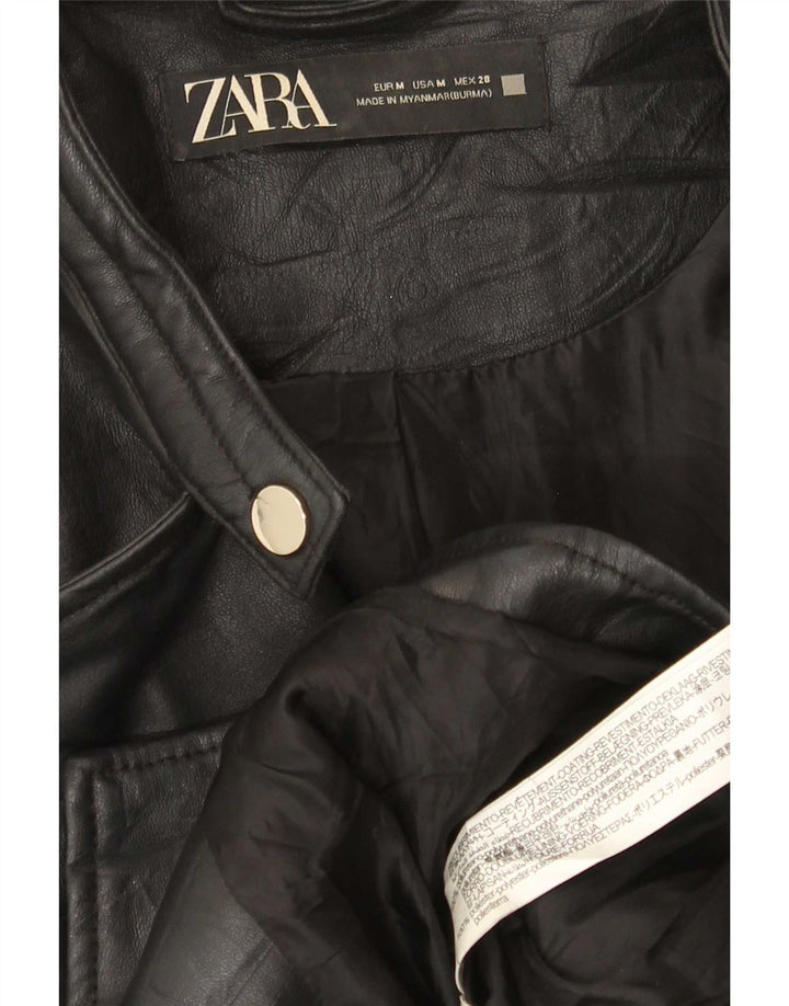 Zara Damen Crop Kunstleder Bikerjacke UK 12 Medium Schwarz Polyethylen