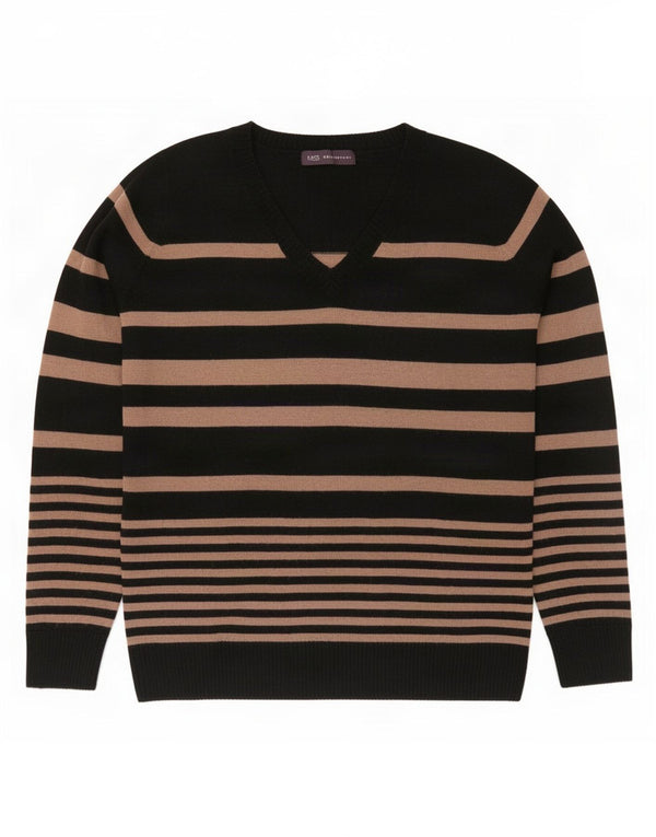 Marks & Spencer Womens V-Neck Jumper Sweater UK 14 Large Beige Striped