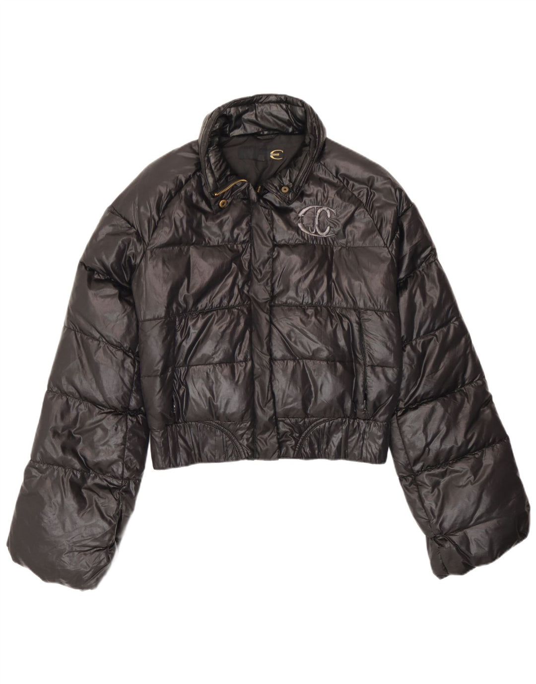 Just Cavalli Damen Crop Hooded Wattierte Jacke IT 42 Medium Schwarz Polyamid