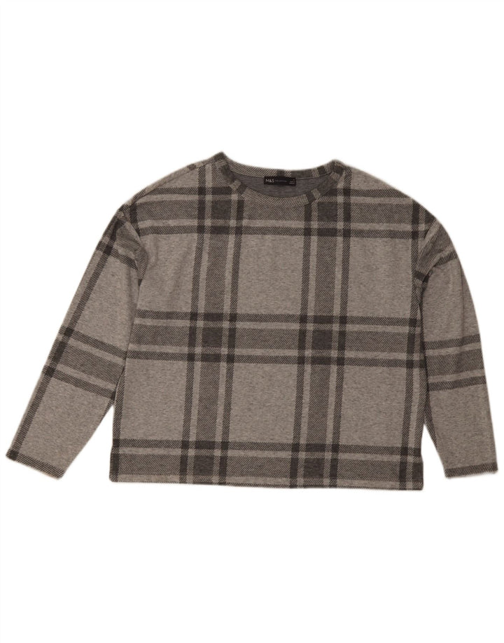 Marks & Spencer Damen Top Langarm UK 14 Large Grau kariertes Polyester