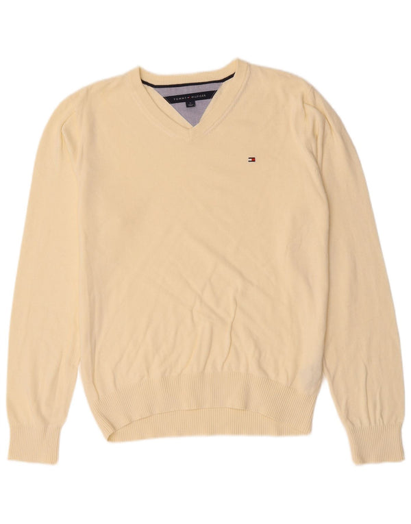 TOMMY HILFIGER Herren-Pullover mit V-Ausschnitt, mittlere, cremefarbene Baumwolle