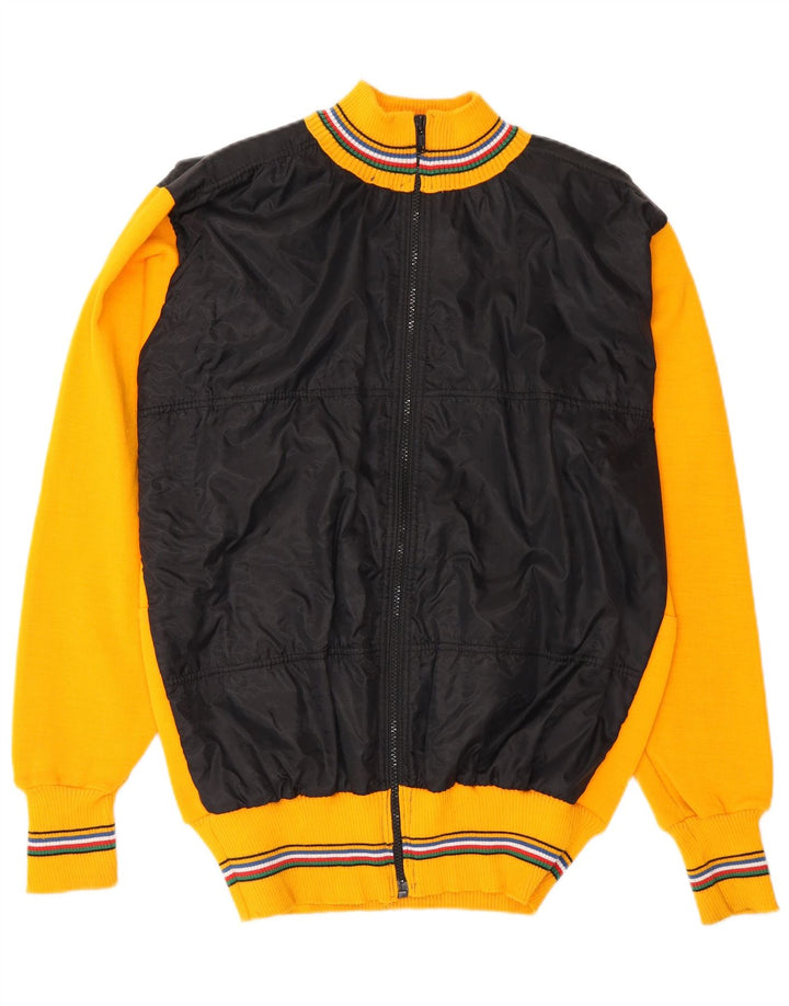 Vintage Herren Strick-Bomberjacke UK 38 Mittelgelbe Colourblock-Wolle