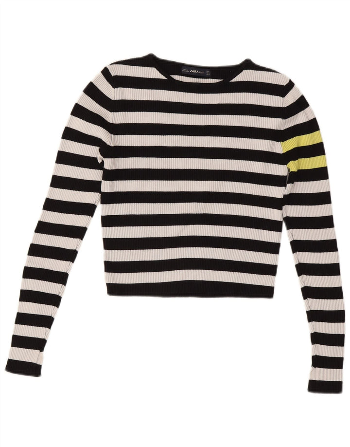 ZARA Damen Crop-Pullover mit U-Boot-Ausschnitt, Gr. 12, mittelschwarz gestreift