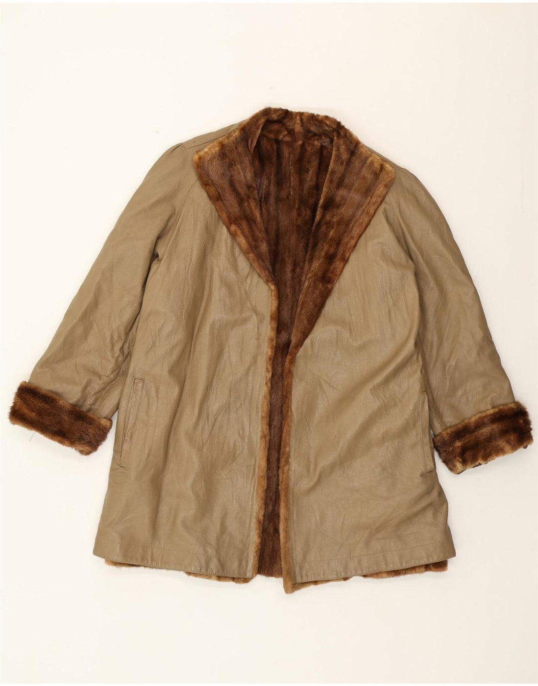 Vintage Damen Fell Ledermantel UK 16 Large Beige