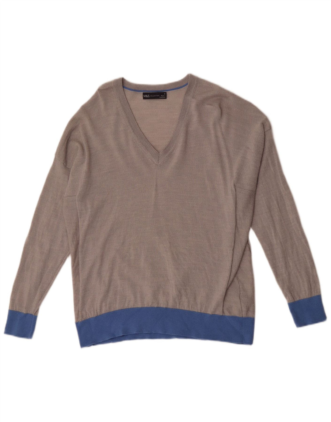 Marks & Spencer Damen-Pullover mit V-Ausschnitt, UK 14, Mittelgrau, Farbblock