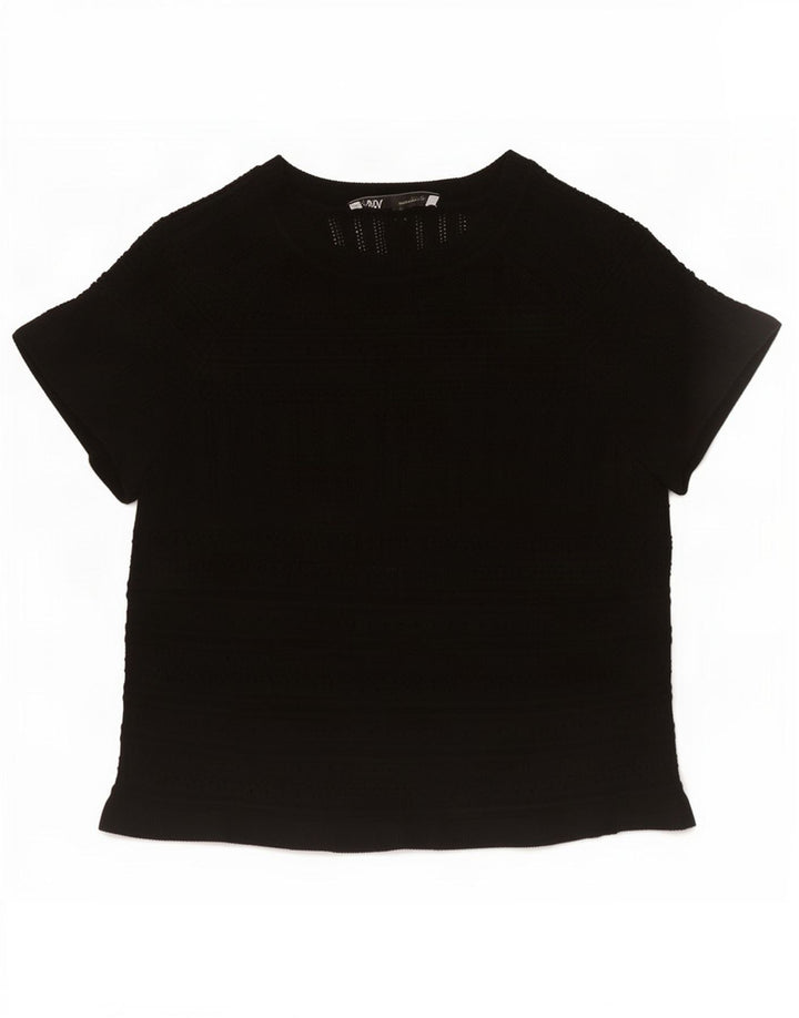 Zara Damen Crop Knit Bluse Top UK 12 Medium Schwarz