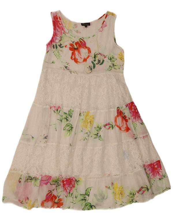 Positano by Jean Paul Damen-Stufenkleid UK 10 Small Weiß geblümt