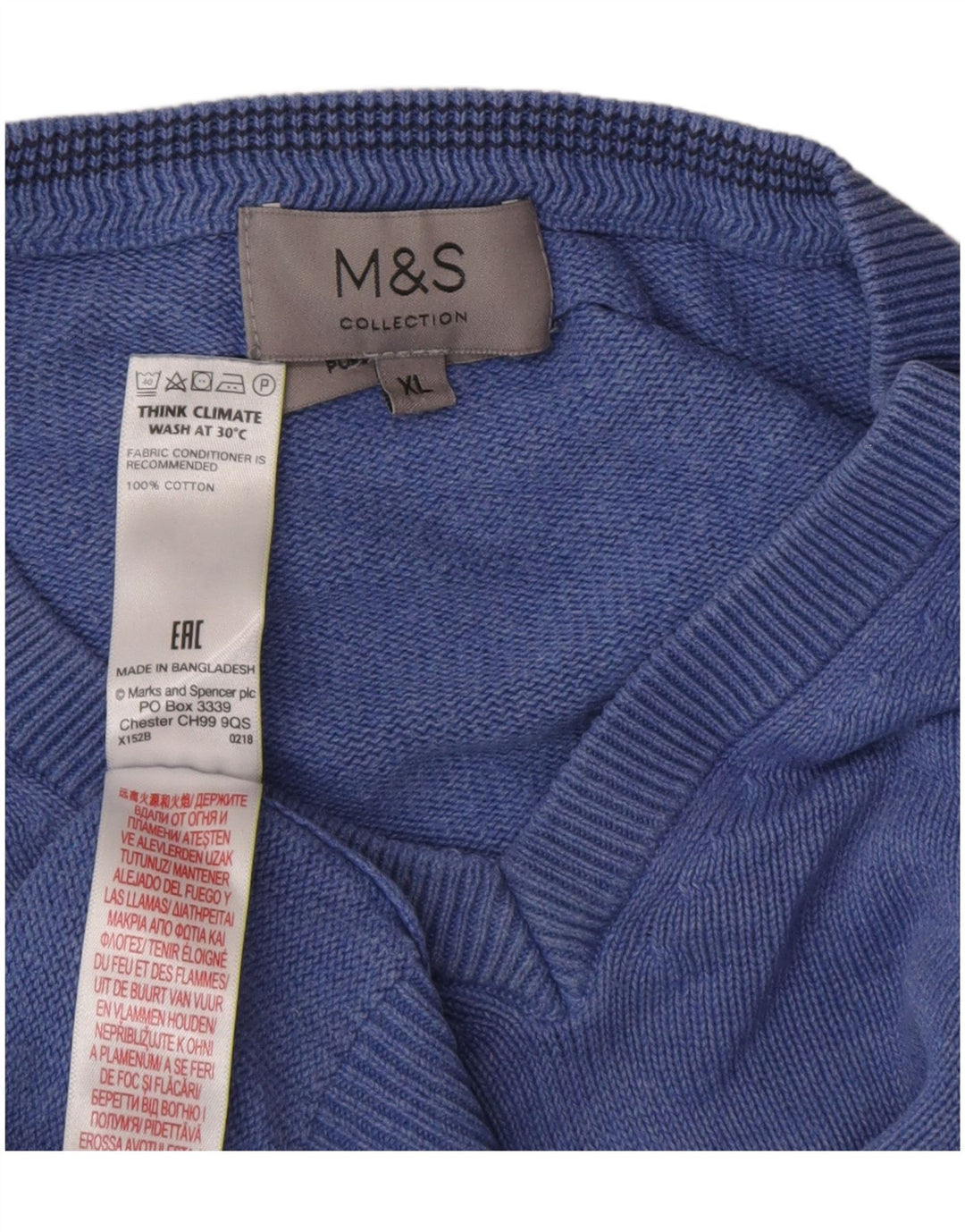 Marks & Spencer Herren-Pullover mit V-Ausschnitt, XL, blaue Baumwolle