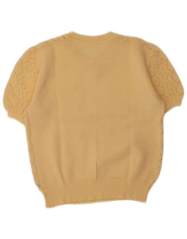 Vintage Damen Kurzärmeliger Pullover mit V-Ausschnitt UK 14 Medium Beige