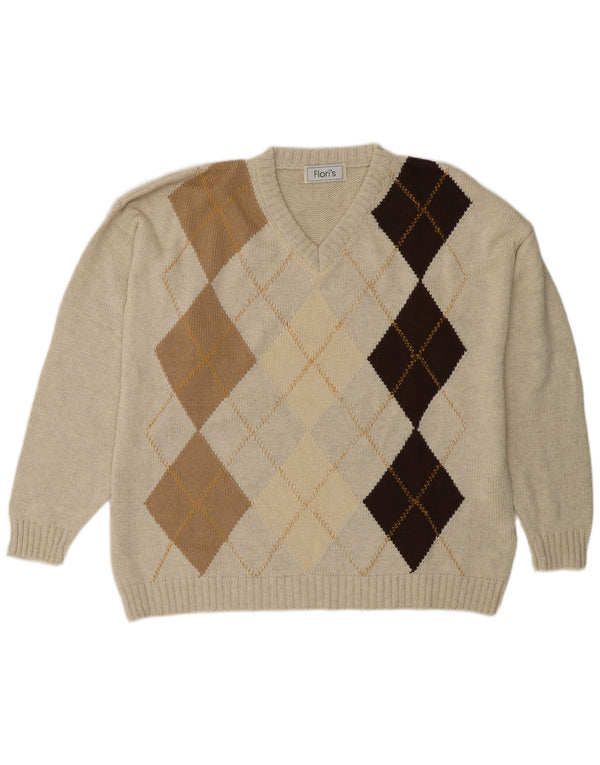 Vintage Herren V-Ausschnitt Pullover Pullover XL Beige Argyle/Diamant Baumwolle