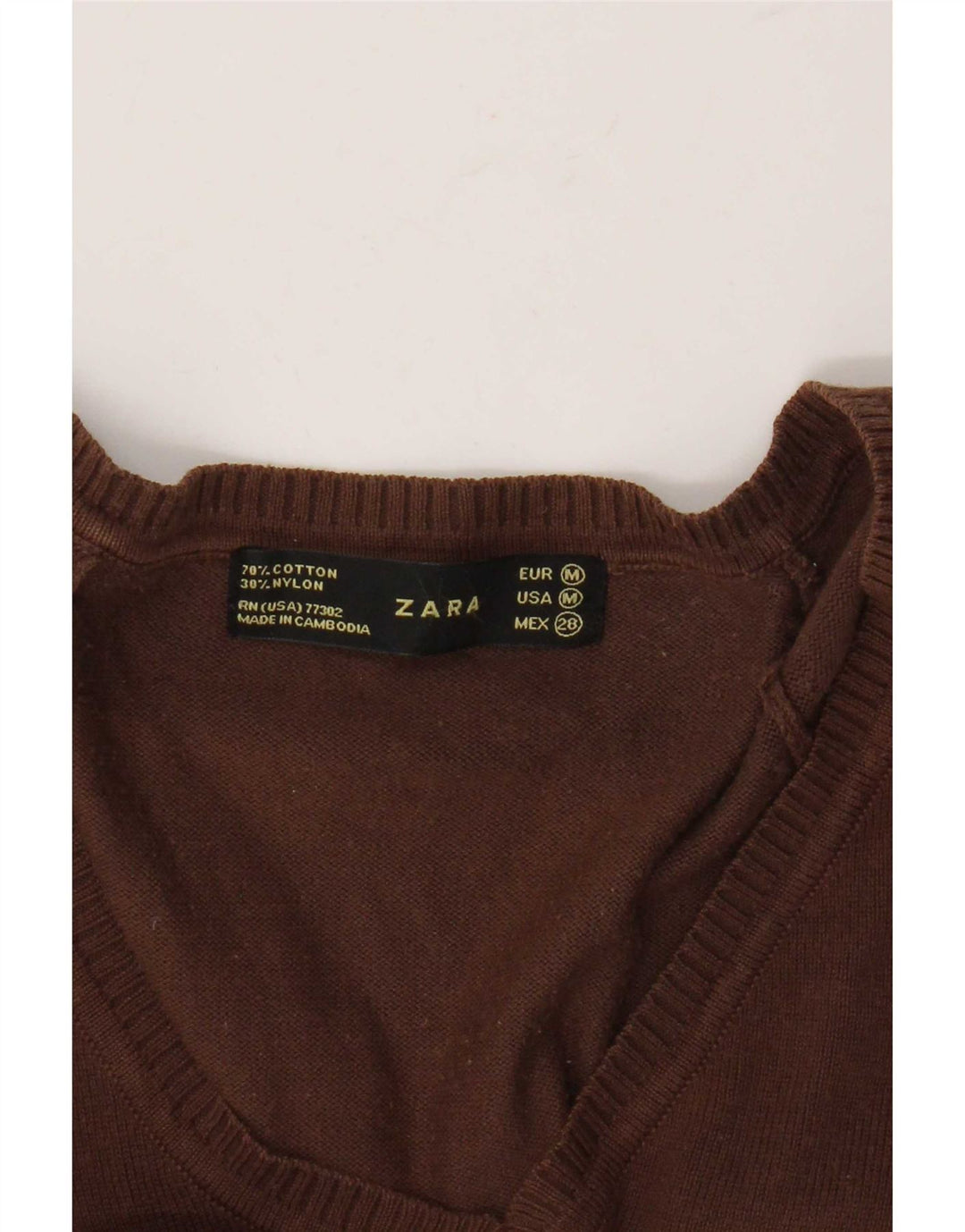 Zara Damen-Pullover mit V-Ausschnitt, UK 12, mittelbraune Baumwolle