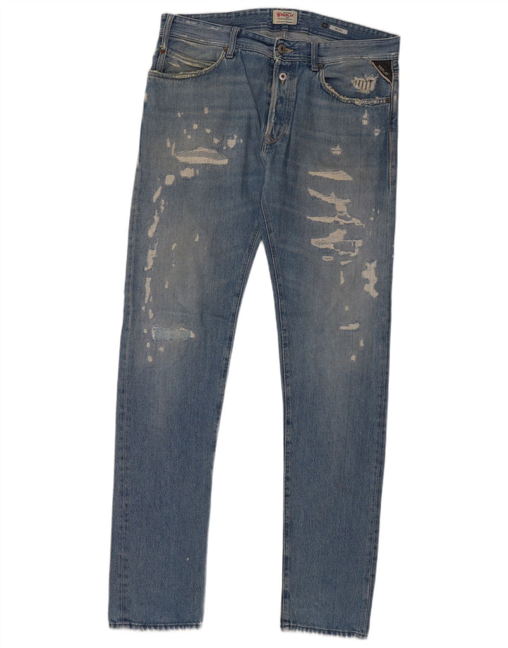 REPLAY Herren 901 Distressed Slim Jeans W33 L34 Blaue Baumwolle