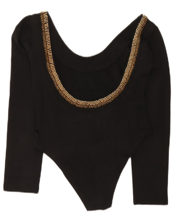 Vintage Damen Langarm-Body UK 12 Mittelschwarze Baumwolle