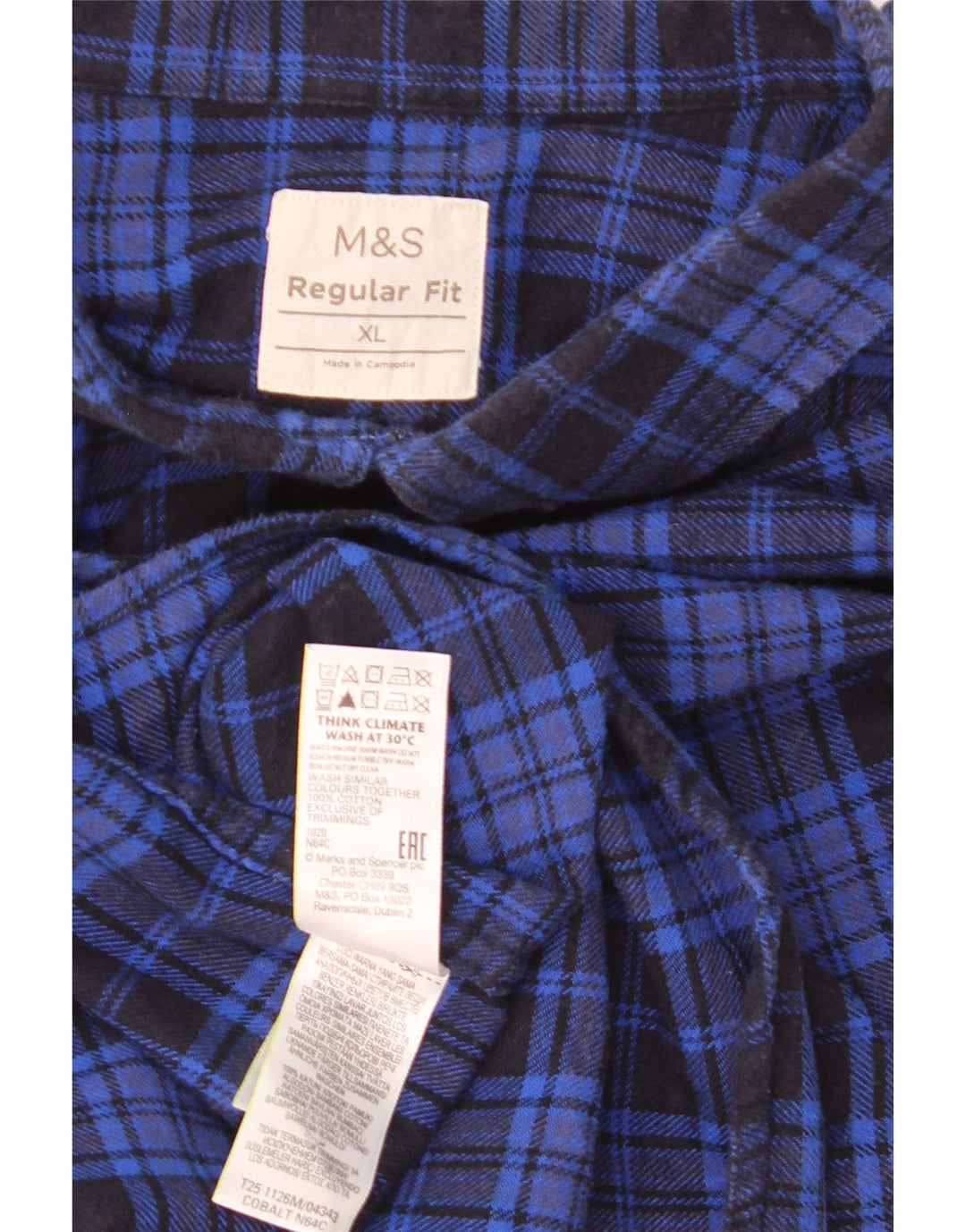 Marks & Spencer Herren-Flanellhemd mit normaler Passform, XL, blau kariert, Baumwolle