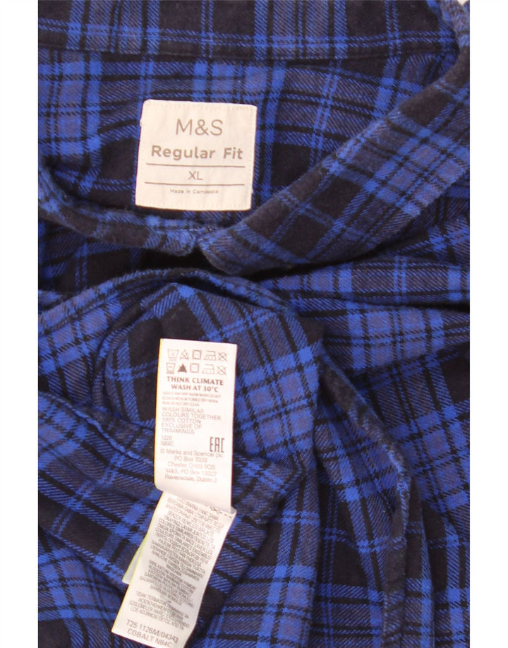 Marks & Spencer Herren-Flanellhemd mit normaler Passform, XL, blau kariert, Baumwolle