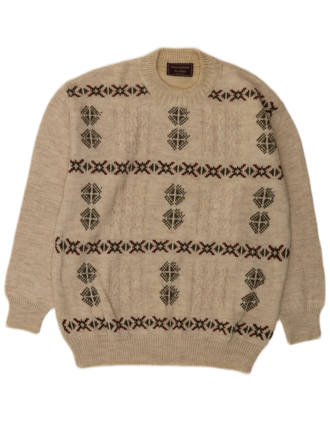 MALAGRIDA Herren-Pullover mit Rundhalsausschnitt, Größe L, Beige, Fair Isle