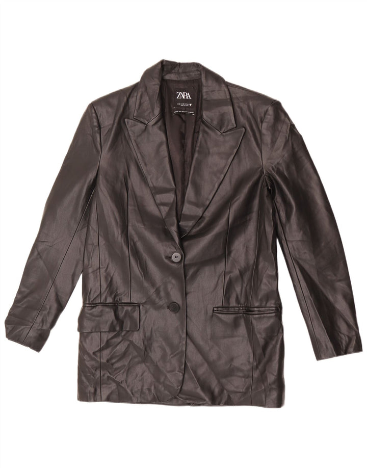 Zara Damen-Blazer, übergroß, 2 Knöpfe, Kunstleder, Gr. 6, XS, Schwarz