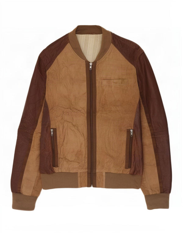 OVS Damen Lederjacke IT 48 Mittelbraun Farbblock