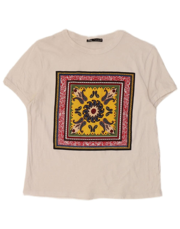 Zara Damen Grafik-T-Shirt-Oberteil UK 14 Große weiße Paisley-Baumwolle