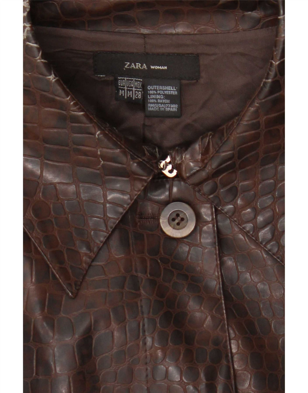 Zara Damen Kunstledermantel UK 12 Mittelbraunes Polyester mit Animal-Print