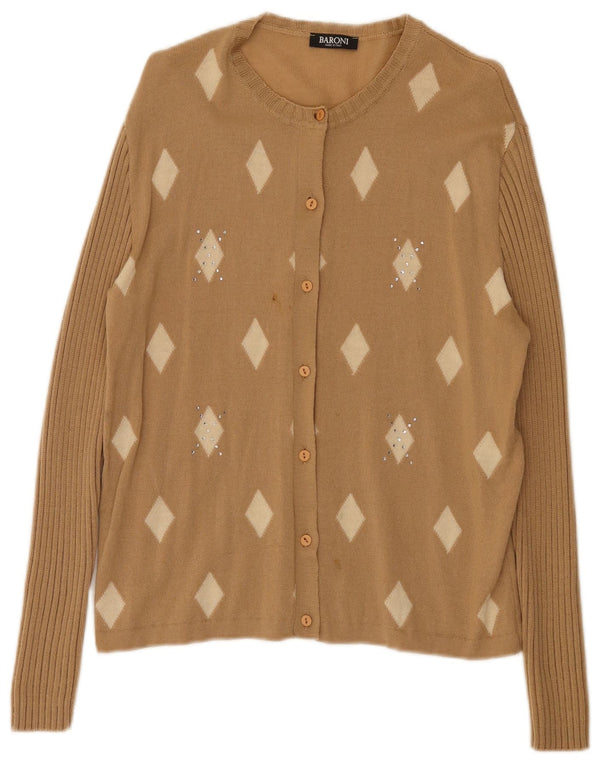 Baroni Damen-Cardigan-Pullover IT 48 XL Braune Argyle/Diamant-Merinowolle