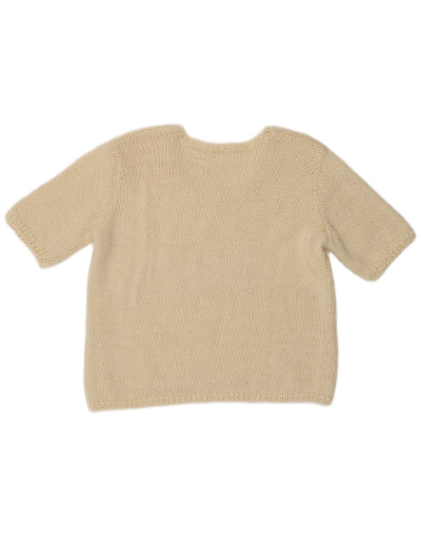 Vintage Damen Kurzärmeliger Pullover mit Rundhalsausschnitt UK 12 Medium Off White