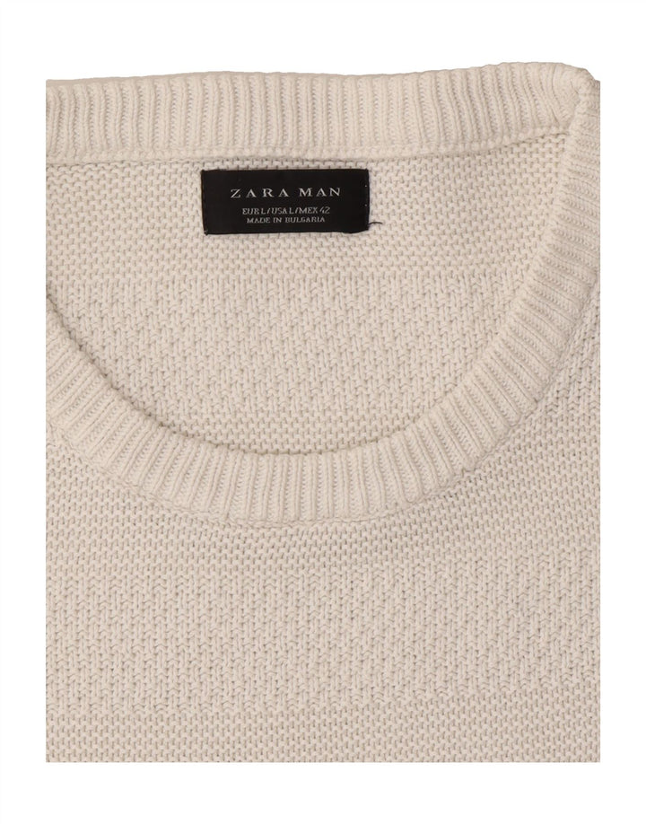 ZARA Mens Crew Neck Jumper Sweater Large White Cotton Vintage Zara and Second-Hand Zara from Messina Hembry 