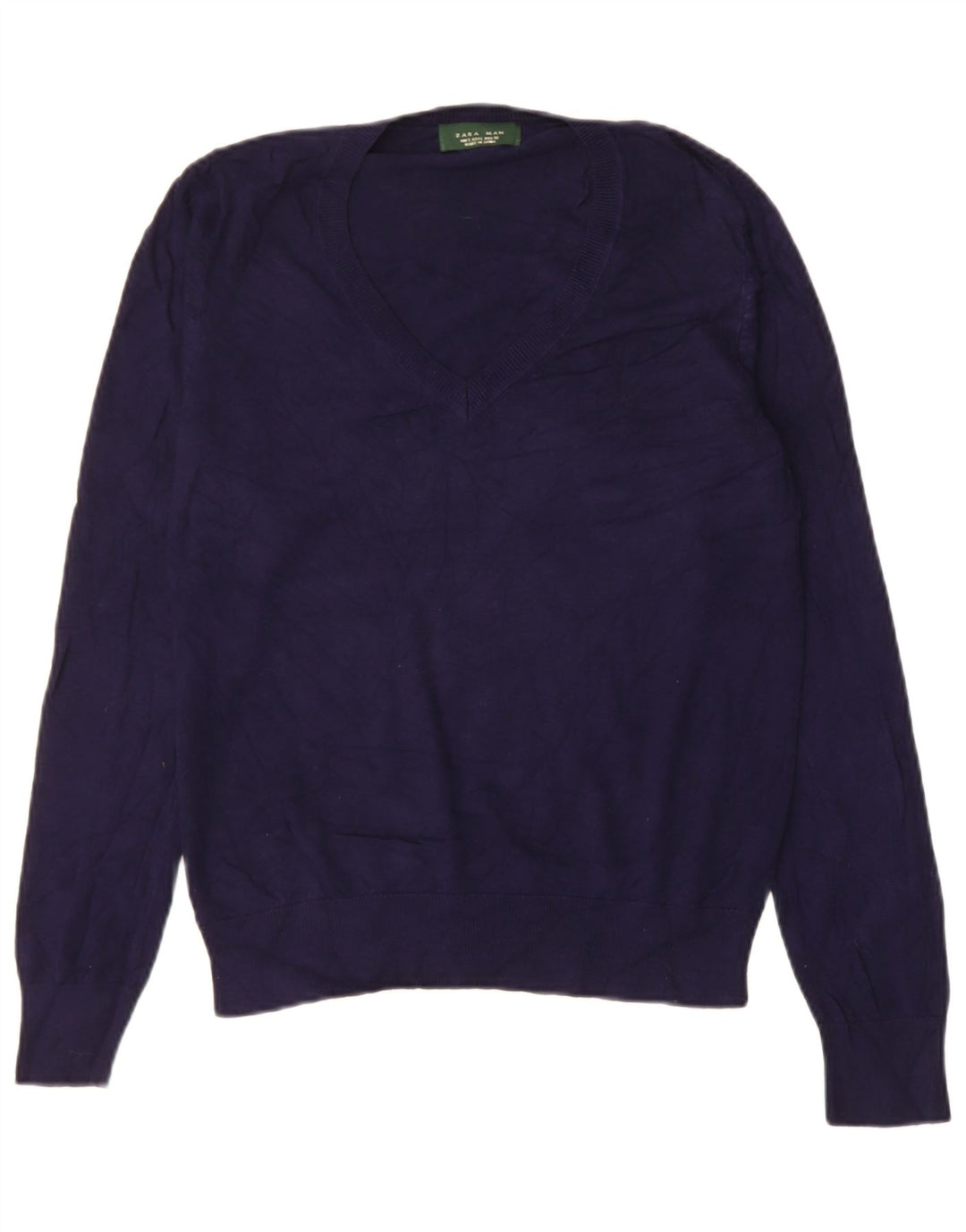 ZARA Mens V-Neck Jumper Sweater Large Navy Blue Viscose