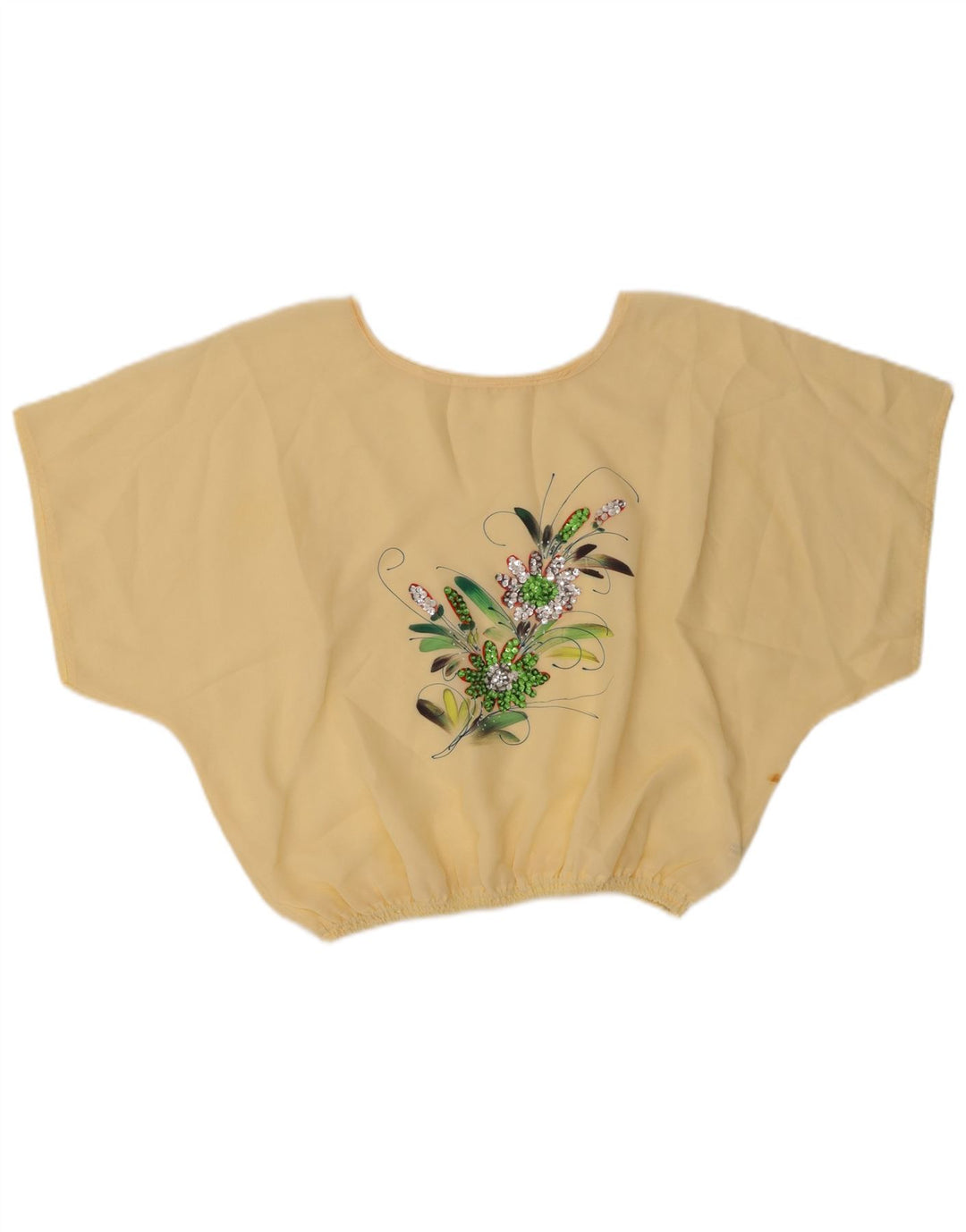 Vintage Damen Crop Bluse Top UK 16 Large Beige Floral Polyester