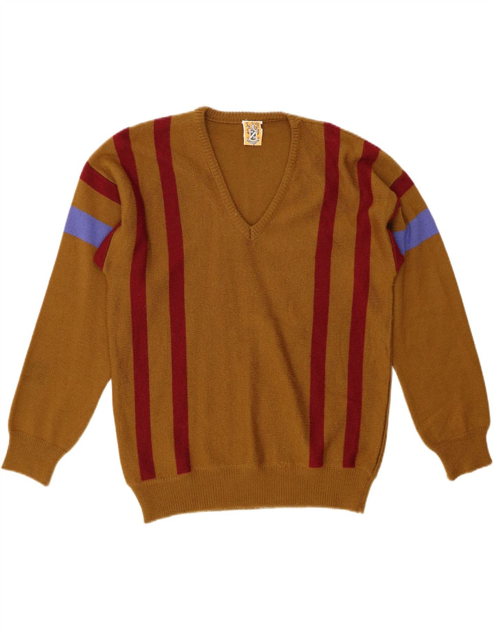 4 CASTELLA Herren-Pullover mit V-Ausschnitt IT 50 Mittelbraun gestreifte Wolle