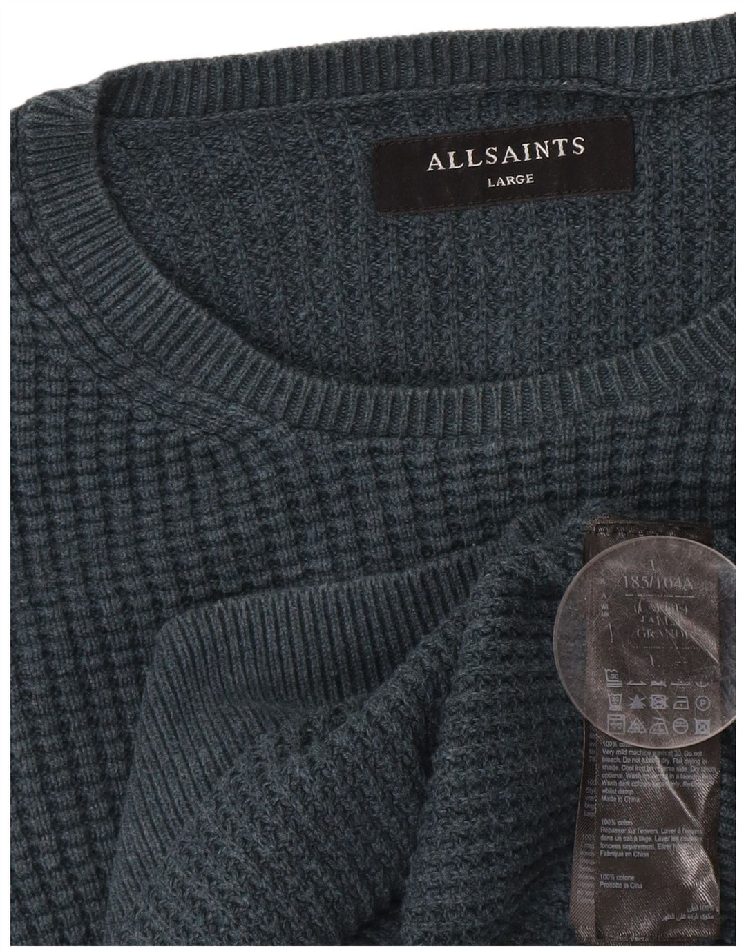All Saints Herren-Pullover mit Rundhalsausschnitt, groß, marineblaue Baumwolle