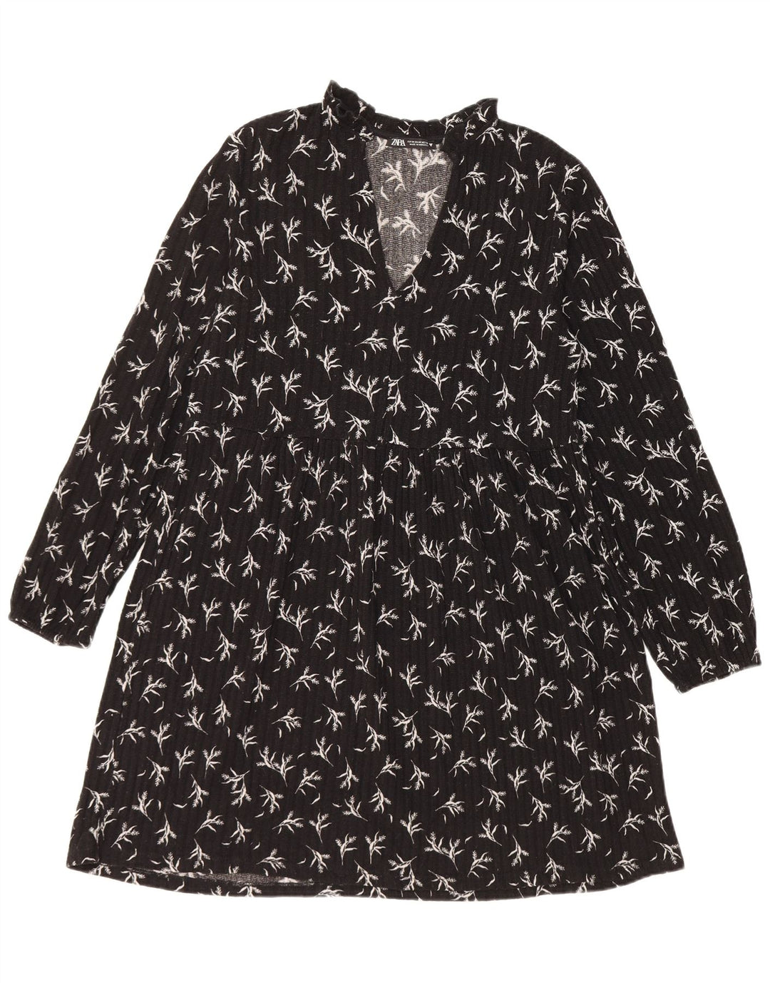 Zara Damen-Langarmkleid in A-Linie, Größe 44, Mittelschwarz, Blumenmuster, Polyester