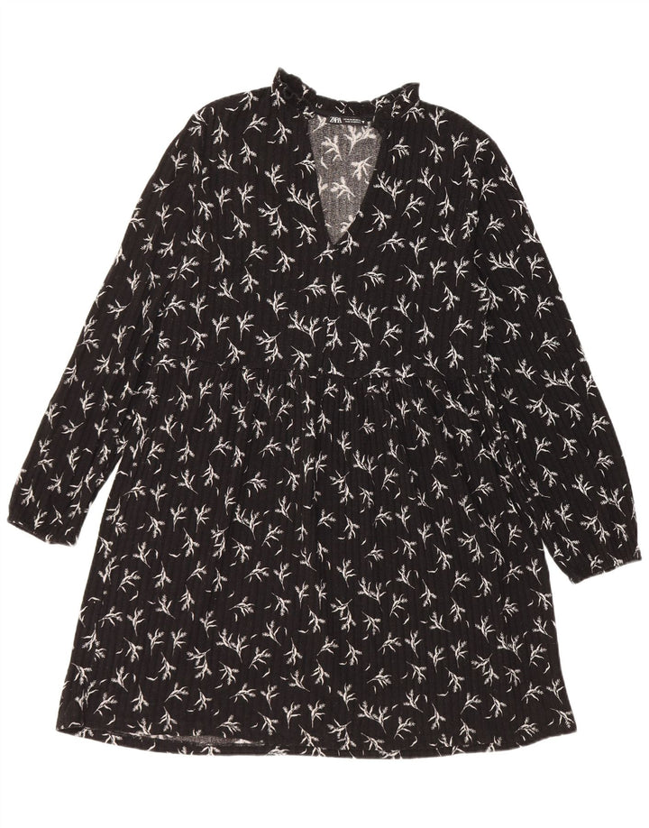 Zara Damen-Langarmkleid in A-Linie, Größe 44, Mittelschwarz, Blumenmuster, Polyester