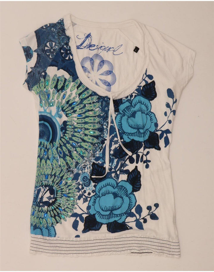 Desigual Womens Graphic T-Shirt Top UK 14 Large White Floral
