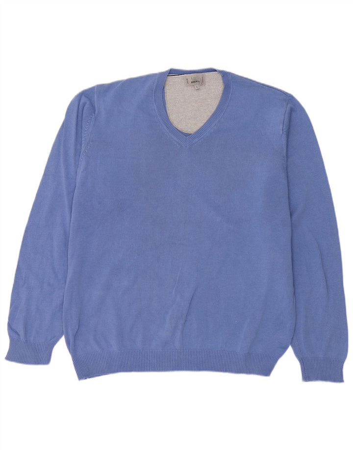 Marks & Spencer Herren-Pullover, reguläre Passform, V-Ausschnitt, Größe L, Blau, Baumwolle