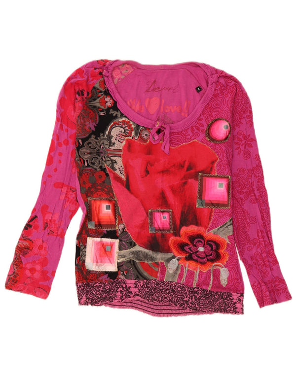 Desigual Womens Graphic Top Langarm UK 14 Medium Pink Floral Cotton
