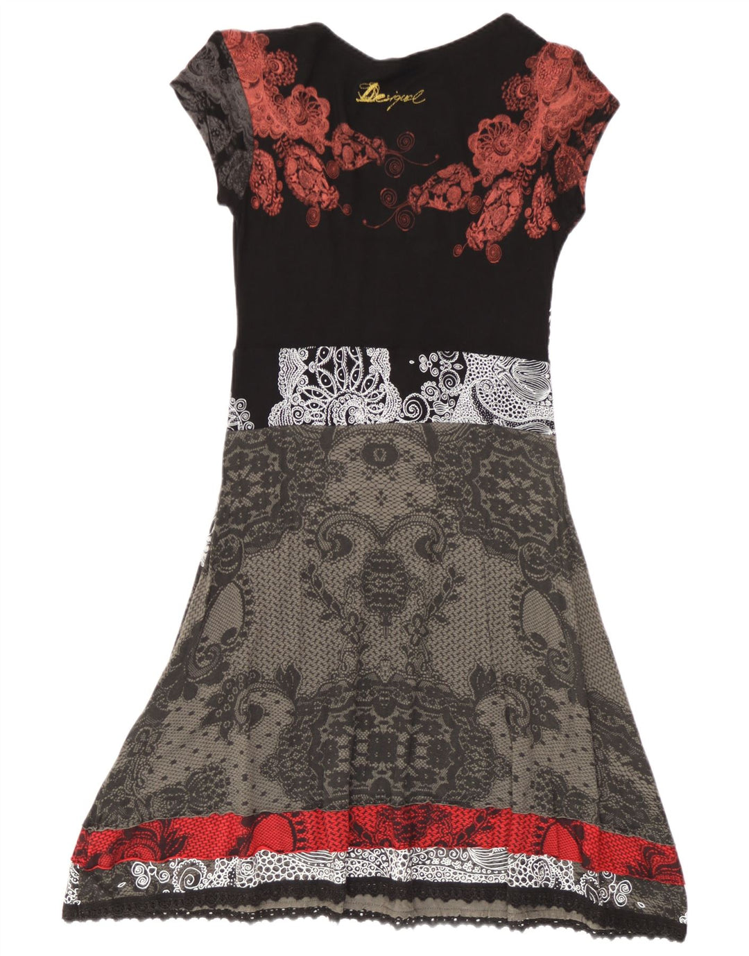 Desigual Damen A-Linien-Kleid UK 12 Mittelschwarz geblümt