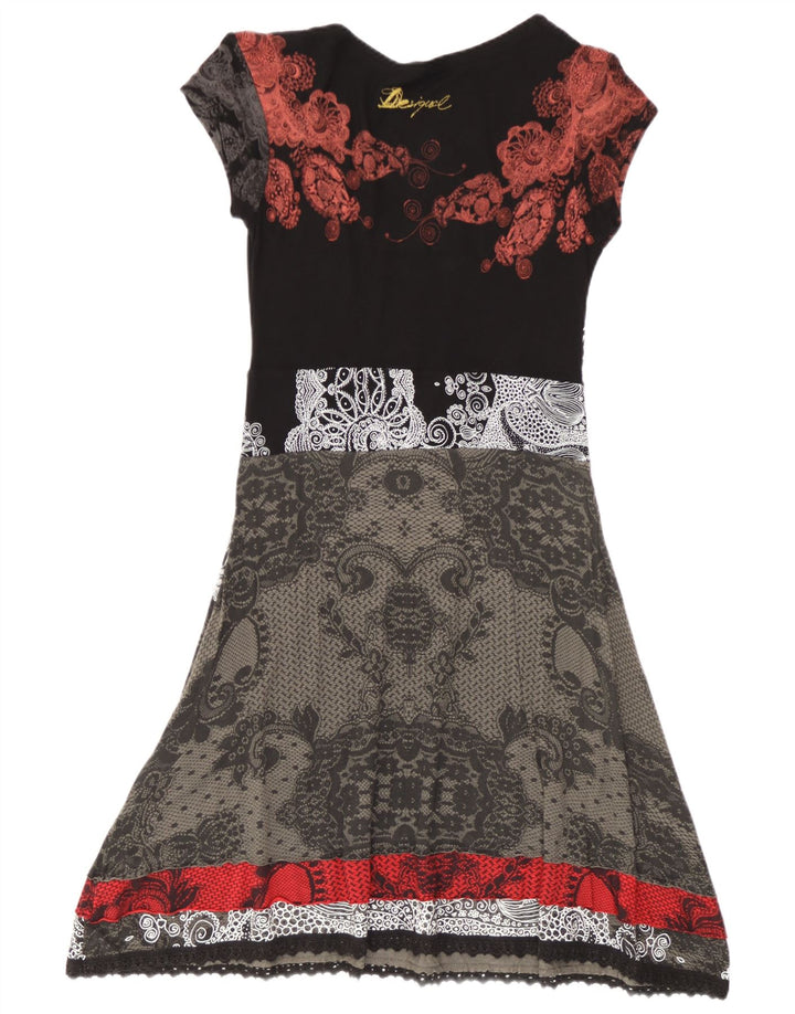 Desigual Damen A-Linien-Kleid UK 12 Mittelschwarz geblümt
