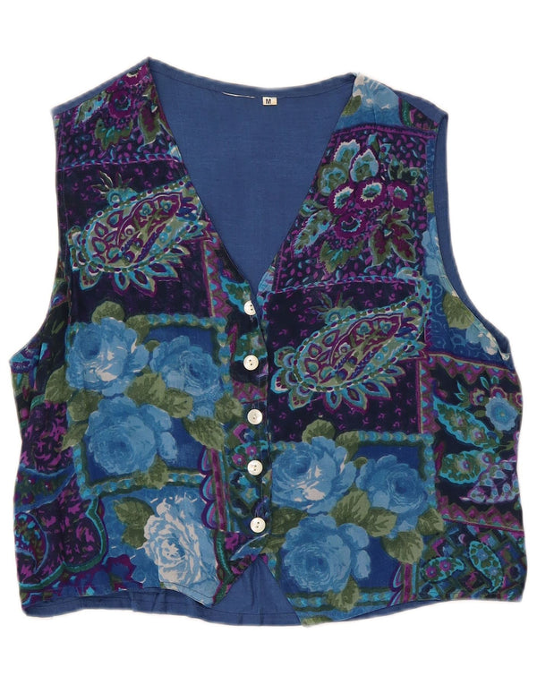 Vintage Damen Weste UK 14 Mittelblau Floral Viskose Retro